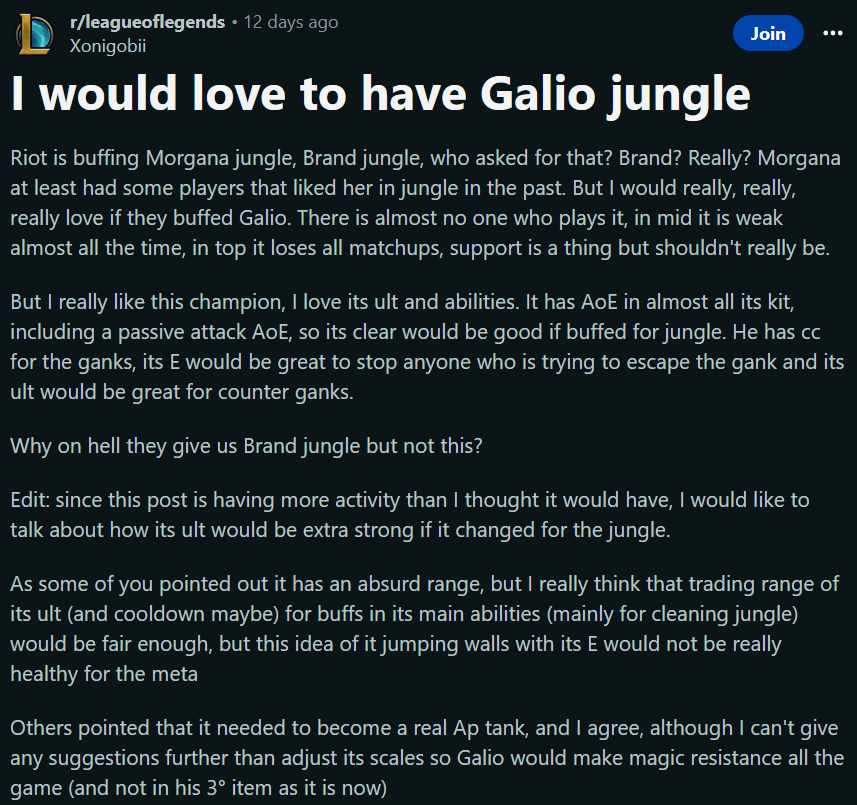 Người chơi góp ý Riot Games làm lại Galio để trở thành một tướng Rừng?