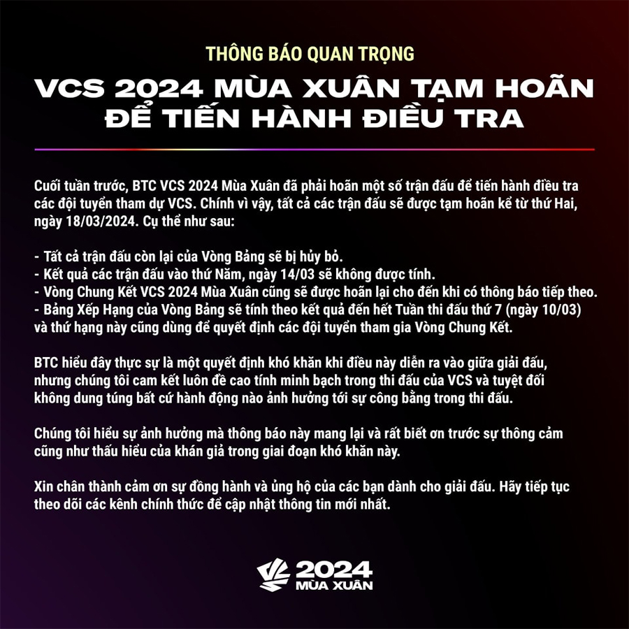 LMHT: BTC chính thức công bố thông tin về cuộc điều tra giải đấu VCS 2024 Mùa Xuân