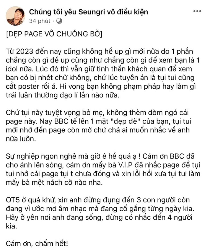 Admin fanpage của Seungri tại Việt Nam tuyên bố: DẸP PAGE VÔ CHUỒNG BÒ