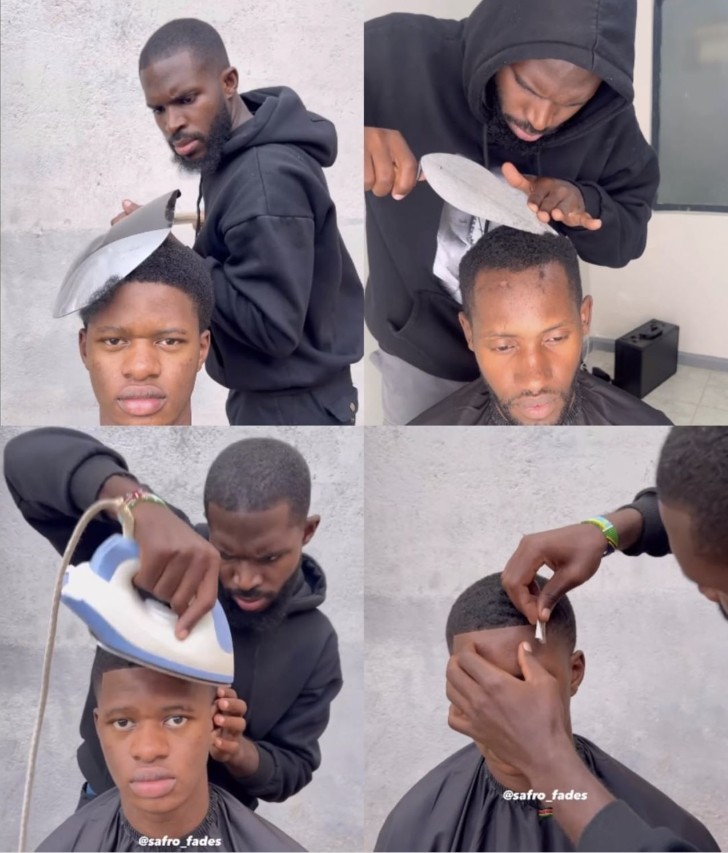 Độc lạ anh thợ cắt tóc ở Châu Phi cắt tóc cho khách bằng xẻng quân dụng