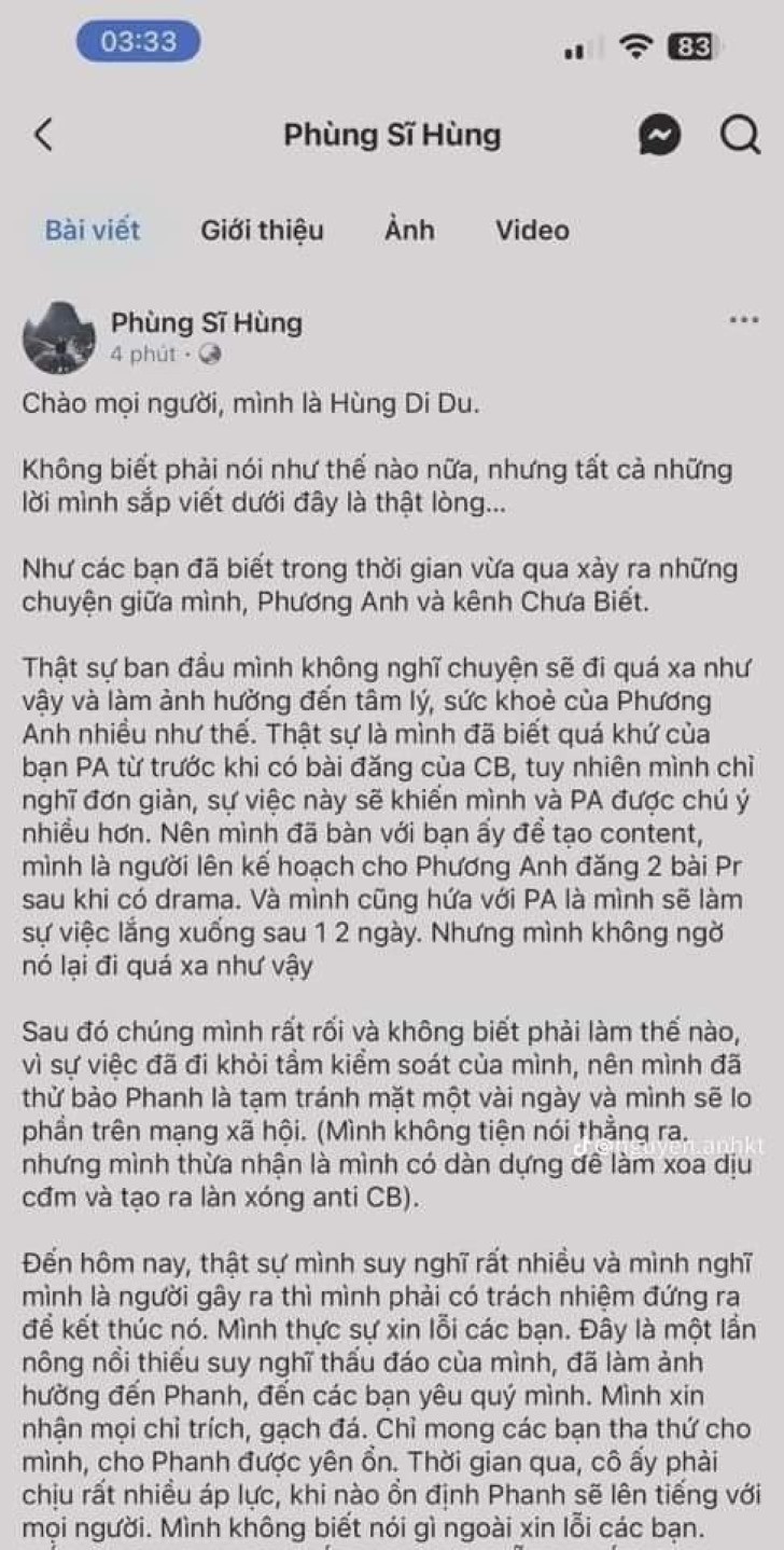 Hùng Didu đã thừa nhận việc drama Phanh Nè tự vẫn chỉ là làm content