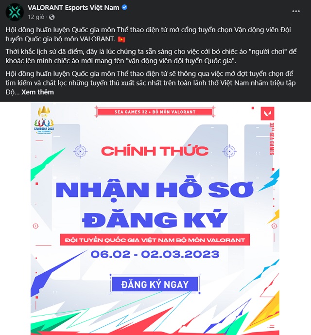 Chính thức mở đăng ký tuyển thủ tham dự SEA Games 32 bộ môn Valorant