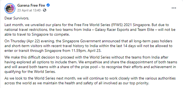 Vì COVID-19, 2 đội Ấn Độ sẽ không thể tới tham dự FFWS 2021 Singapore
