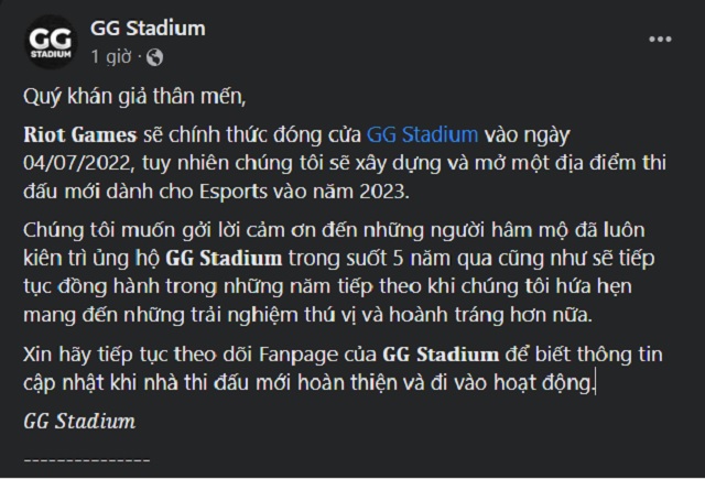 Riot Games đóng cửa GG Stadium, ra mắt địa điểm mới vào 2023