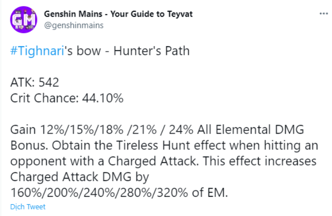 Genshin Impact: Leak vũ khí mới 5 sao dành cho Tighnari - Hunter's Path