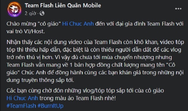 Team Flash Liên Quân chiêu mộ 'hợp đồng bom tấn' mang tên 'Cô giáo' Chúc Anh