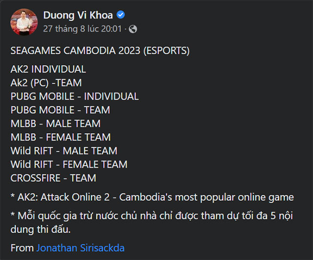 Công bố danh sách Esports SEA Games 32, Liên Quân Mobile Việt Nam vắng mặt, tiếp tục chờ đợi tấm HCV đầu tiên