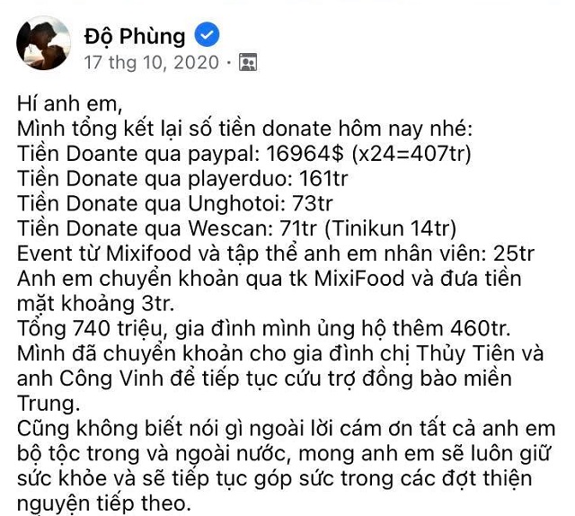 Độ Mixi cũng bị “dang cư mận“ đòi sao kê tiền donate làm từ thiện