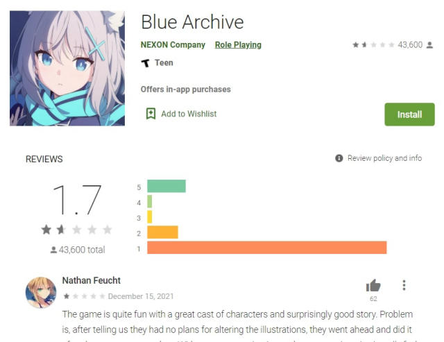 Blue Archive bị đánh giá rất thấp trên Google Play